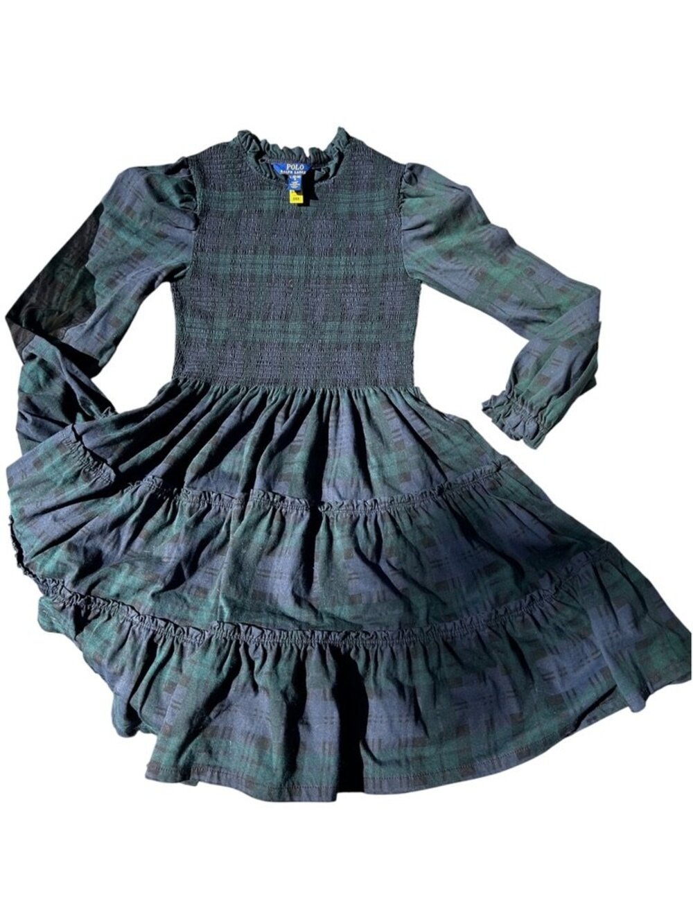 Polo Ralph Lauren STUNNING blue green Black Watch tartan smocking dress L 12-14
